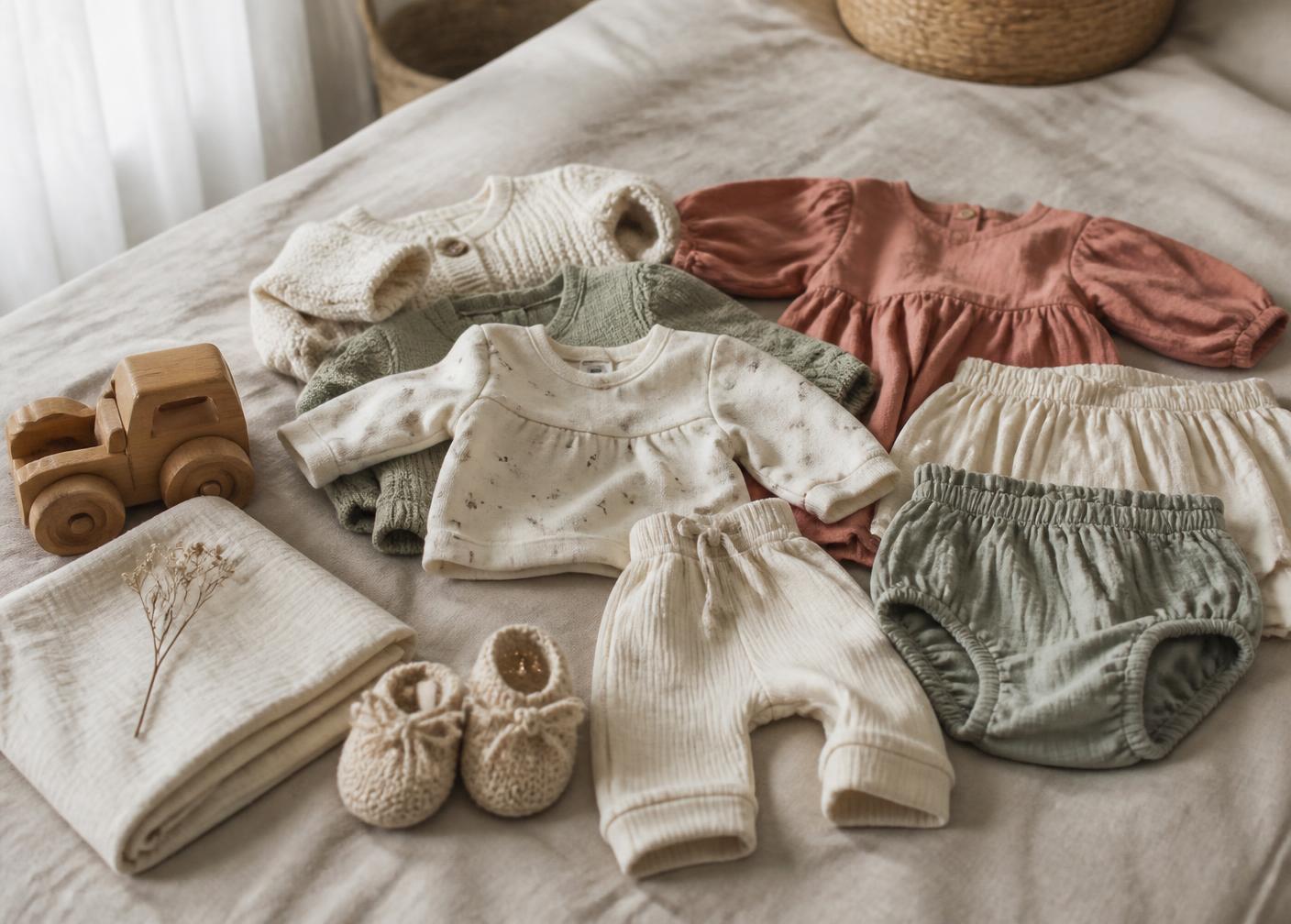 Folded pre-loved baby clothes, booties and a wooden toy on a linen bed